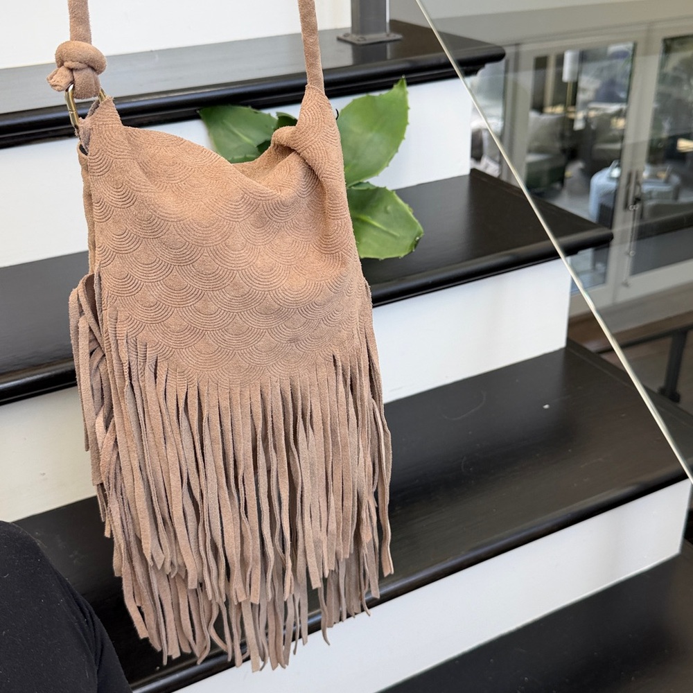 Fringed Suede Crossbody Bag in Taupe